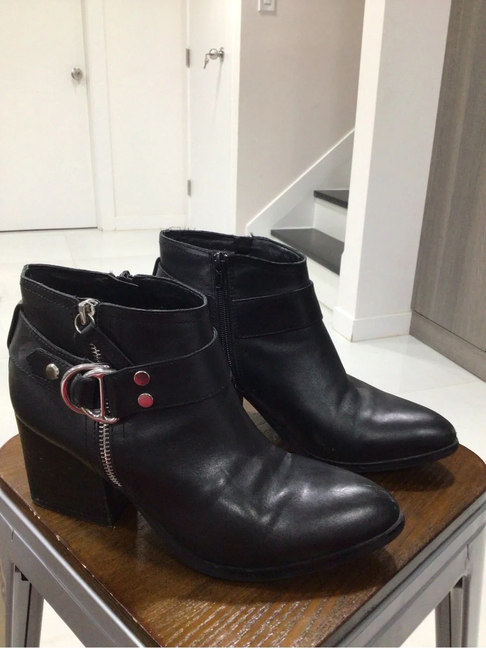 Marc Fisher Black Pointed Leather Ankle Booties with Buckle